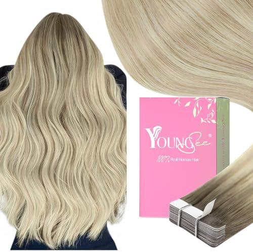 YoungSee 40cm Echthaar Extensions Tape Ombre Tape in Extensions Echthaar Blond Ombre Platinblond Invisible Tape Extensions Echthaar Remy Hair Extensions Tape in Echthaar fur Damen 50g #SUN