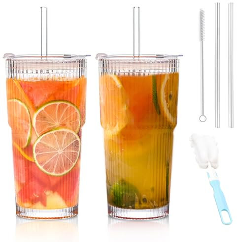 2 vasos de cristal acanalados de 600 ml con tapa y pajita, vasos de café helado, vasos para batidos de vidrio de alta calidad, diseño hermético e impermeable, ideal como café, zumo, cócteles