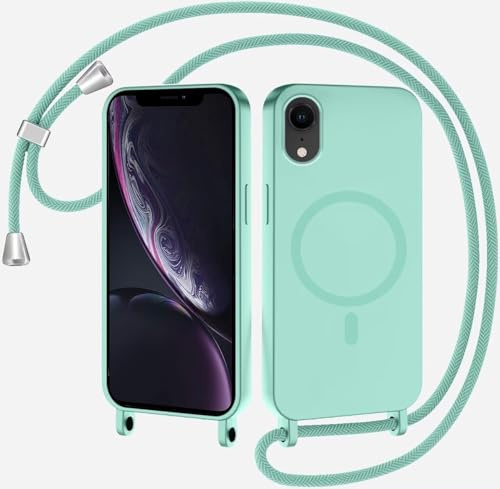 SLWYF Compatible with iPhone XR Wireless Charging, Shockproof Removable Phone Case with Strap Adjustable Neck Cord Necklace Soft Cover for iPhone XR, Mint Green