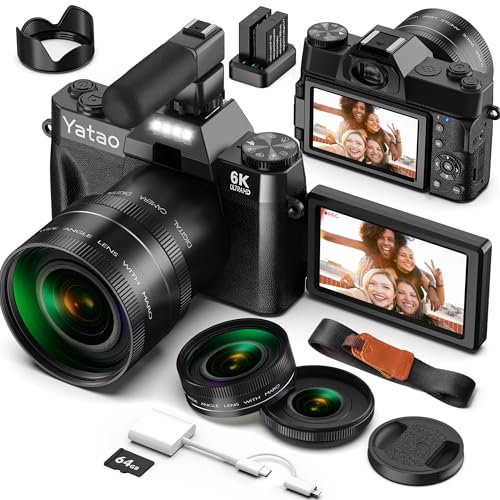 Yatao Fotocamera digitale per fotografia e vlogging, 6K 64 MP con schermo a scatto, obiettivo grandangolare, microfono, lettore di schede, scheda TF da 64 GB, fotocamera compatta WiFi per YouTube