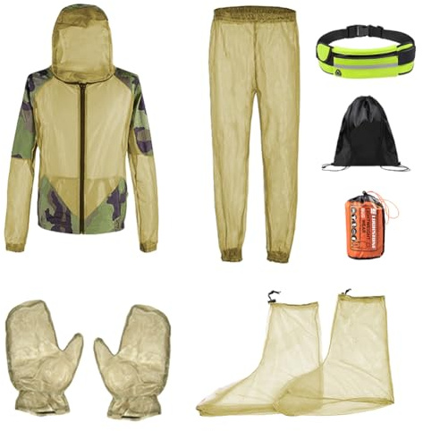 OuLi Store 6 Stück ultrafeiner Mücken Schutzanzug, atmungsaktive Mückenschutz Kleidung mit Kapuze Net Mesh Jacke Hosen für Outdoor und Camping (L)