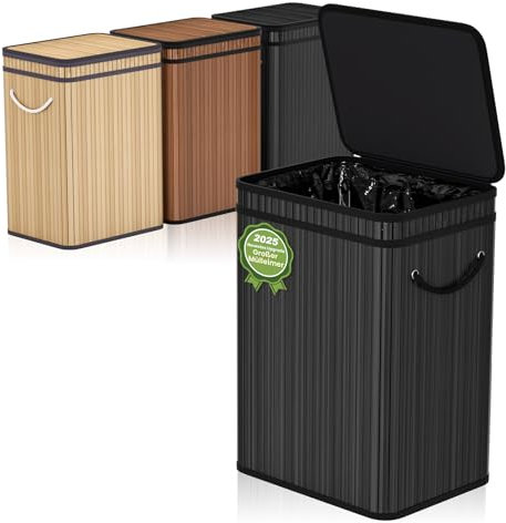 Mihoho 80 Liter große Mülleimer mit Deckel, Mülleimer Abfallkorb aus Bambus, Outdoor Mülleimer/Abfalleimer für Zuhause, Büro, Badezimmer, Küche 40X30X60 CM (Premium Schwarz)