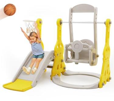 Rutsche Indoor ab 1 2 3 4 5 Jahr, 4-in-1-Kleinkindspielplatz mit Schaukel, Baby Rutsche Kinderzimmer, Gartenrutsche für Kleinkin für drinnen und draußen, Jungen und Mädchen (Turm+Gelb)