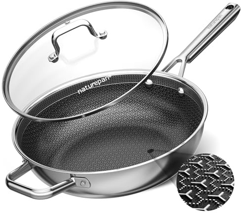 naturepan DiamondTitan Hybrid Keramik Pfanne 28cm mit Deckel, Antihaft Edelstahlpfanne für alle Herdarten, lasergeätzter Wabenstruktur, kühlbleibendem Griff, spülmaschinenfest