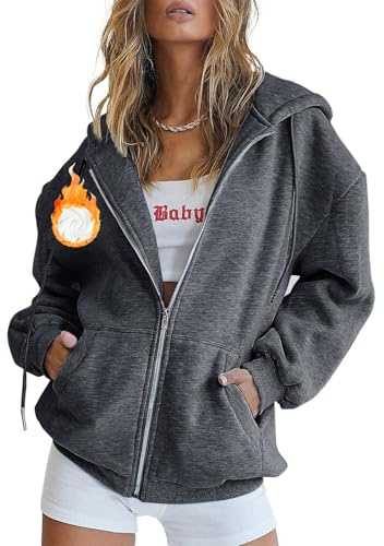 Godoboo Zip Hoodie Damen Sweatjacke mit Reißverschluss Oversize Kapuzenjacke mit Baumwolle Fleece Innenfutter Warme für Herbst Winter Fitness