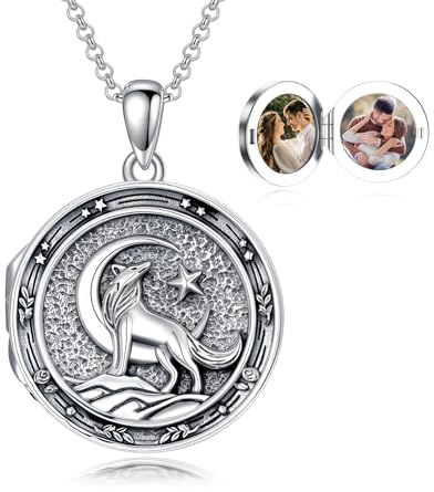 enjoylifecreative Wolf Medaillon Halskette mit Fotos 925er Sterling Silber Wolf Anhänger Schmuck Geschenke für Damen und Herren