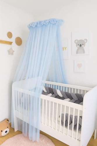 Baby Fancyroom Betthimmel für Babybett Gitterbett Kinderbett 300x180 cm – feiner Tüll, handgefertigt, eleganter Volant – erhältlich in Beige, Blau, Altrosa, Ecru (Blau)