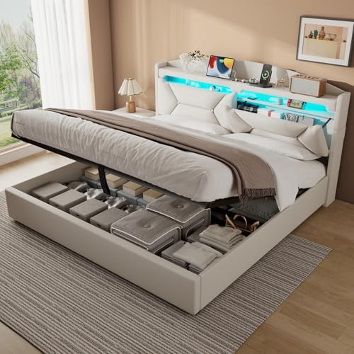 ZUUYEE Camas Matrimoniales 180x200 con Almacenamiento, Cama Matrimonio con LED, Puertos USB y Type-C, Canape 180x200 Hidráulico, Camas Matrimoniales con Cabecero, Lino, Beige, Colchón No Incluido