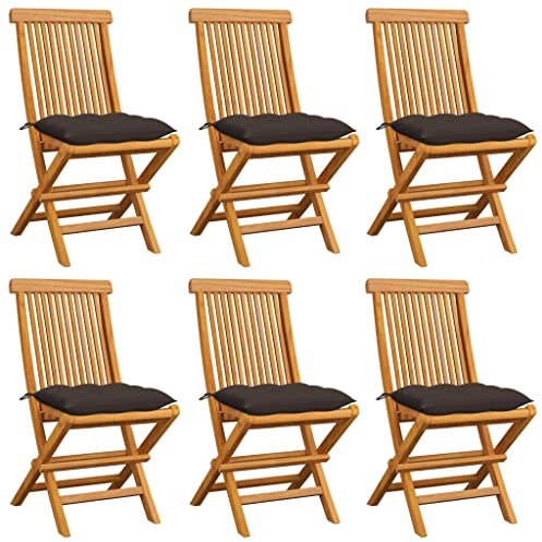 Emmtore 6X Teak Massiv Gartenstuhl mit Taupe Kissen Klappstuhl Holzstuhl Gartenmöbel Stuhl Stühle Balkonstuhl Terrassenstuhl Essstuhl