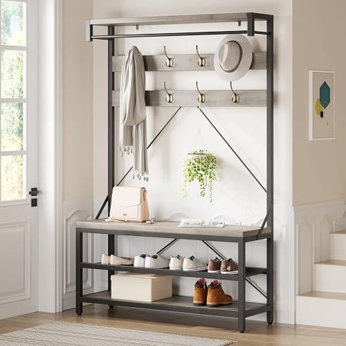 CherishCradle Meuble d’Entrée avec Banc, Étagère de Rangement pour Chaussures avec 8 Crochets et Étagère, 102 x 40 x 183cm, Porte-Manteaux, Vestiaire, pour Couloir, Chambre, Style Industriel, Gris