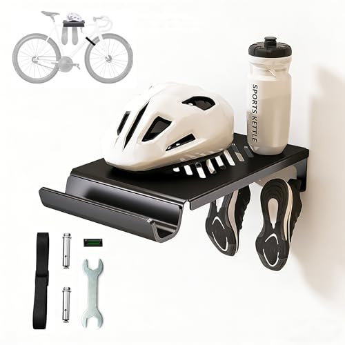 Fahrrad-Wandhalterung für Innenbereich & Garage – Platzsparende Wand-Aufbewahrung mit Ablagefach und Haken für Helm, Schuhe & Zubehör – Für Rennrad, MTB & Citybike (max. 50 kg, Lenkerbreite bis 73 cm)