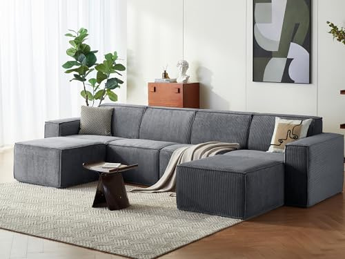 LINSY HOME Ecksofa mit Schlaffunktion - 338cm Modulares Schlafsofa, U Form Couch, Sektionssofas für Wohnzimmer, Keine Montage erforderlich (Cord, Dunkelgrau, 4 Sitze mit 2 Ottomane)