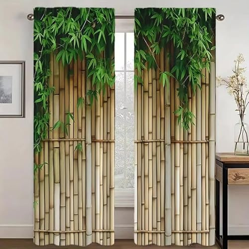DSRDRFG Moderne Bambus-Blickdicht Vorhänge 70 x 210 cm (B x H) mit grünem Blätter- und Pflanzenmuster Verdunkelungsvorhänge mit Ösen für Schlafzimmer und Küche, Thermovorhang 2er Set