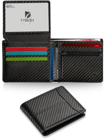 Mens Leather Wallet, RFID Blocking Wallets for Men UK, Slim Credit Card Holder for 11 Cards, Bifold Minimalist Thin Card Wallet with 2 ID Windows & Coin Pocket & Cash Slot, Carbon Fiber Black Gift Box
