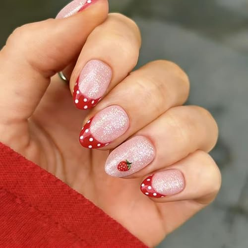 Red Polka Dot French Tips Press on Nails Short Almond Fake Nails Designs Nude Glitter False Nails Cute Strawberry Full Cover Glossy for Women Girls Spring Summer Manicure Decoration 24Pcs