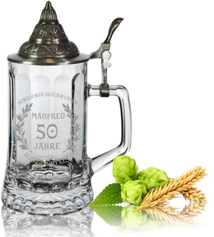 PorcelainSite Geschenkideen GmbH Bierkrug 0,4L Optik mit Zinndeckel gravieren Logo, Wunschtext - Motiv Geburtstag Zweige - Geschenkidee Männergeschenk