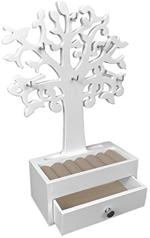 Mojawo Schmuckbaum Schmuckbox Schmuckkasten Schmuckkästchen Schmuckkoffer Schatulle mit 1 Schublade im Weiß aus Holz B19xH31cm