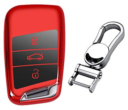 M.JVisun Doux TPU Clef Coque Porte-clés pour Volkswagen Arteon Atlas Golf Alltrack Jetta Passat pour Tiguan pour Skoda Kodiaq Superb A7 Intelligent Clé de Voiture - Brillant Rouge - Métal Porte-clés