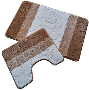 oKu-Tex Design Badematte Antirutsch Set 2 Teilig, rutschfest & waschbar, Badvorleger 60 x 100 cm für das Badezimmer, WC Vorleger mit Ausschnitt 50 x 60 cm, gestreift, braun weiß, Rose, floral