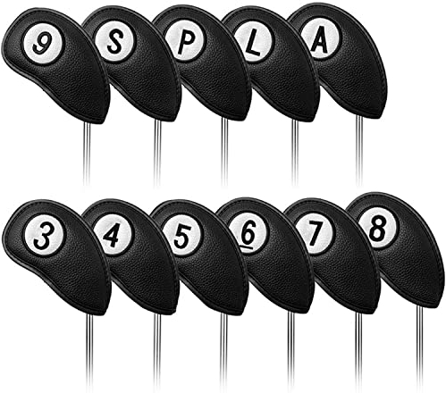 Golfschlägerhauben Set Wert 11 Stück für Golf Eisen, Kunstleder Deluxe Schlägerhauben Schwarz Blau Rot Golfschläger Covers, Professionell Langlebig Schlägerkopfhüllen Passen Alle Markenclubs (Schwarz)