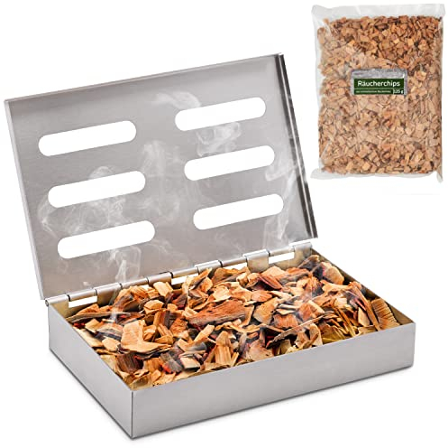 Räucherphorie® Räucherbox-Set - Premium Edelstahl Smoker Box + Räucherchips + E-Book - BBQ Food Smoker in der Premium Variante für Gasgrill Elektrogrill oder Holzkohlegrill (RB1-SET)