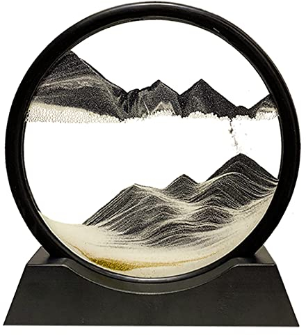 Yuomiker Fließende Sandmalerei - Dynamisch 3D Sandbilder zum Drehen, Bewegliche Sandkunst runder Glas Rahmen Sandbild, Natürliche Landschaft Sanduhrdekoration für Desktop-Kunst Dekor (Schwarz, 12)