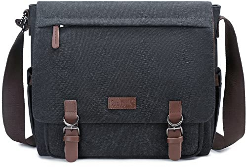 Sunborls Herren Damen Umhängetasche Canvas & Echtleder Messenger Bag Satchel Student Bag Aktentasche für 14 Zoll Laptop, grau