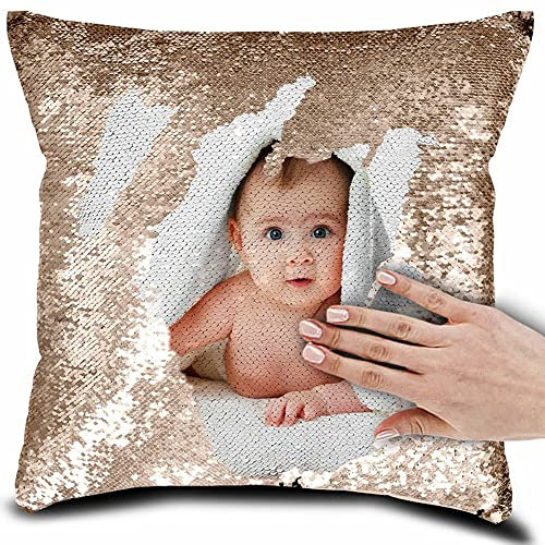 Eletizy Personalisiertes Bild, magischer Wende-Kissenbezug, DIY-Design, Paillettenbilder, Fotos, einseitig Bedruckt, Haustierliebhaber, Familienfoto-Kissenbezug, 40 x 40 cm (nur Bezug) (Champagner)
