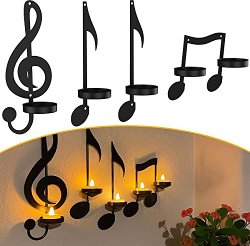 4Pcs Music Note Candle Holder Black Music Note Wall Sconce Vintage Art Musical Note Style Candle Holders Iron Candle Holder Decorations Wall Hanger Signs for Home Office Classroom Housewarming Gift