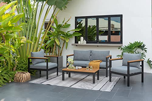 Gartenmöbel Set Kingsbury, Sitzgruppe Garten Lounge, 2X Sessel, 1x 2er Sofa, 1x Tisch, Gartenlounge, Aluminium, Eukalyptusholz, Balkonmöbel, Terrassenmöbel, Komplett Set mit Polster