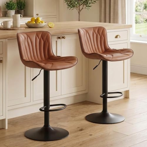 Kidol & Shellder Bar Stools Set of 2 Swivel Breakfast Barstools, Brown | Faux Leather Kitchen Swivel Bar Stools Adjustable Soft Cushion Wing Back Armless Counter Stool, 3-5 Mins to Assemble