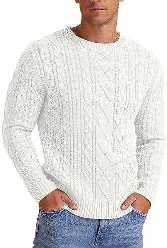 Hisir Men's Winter Cable Knit Jumpers Casual Crew Neck Thick Warm Long Sleeve Sweater Pullover Tops for Men UK (White, M)