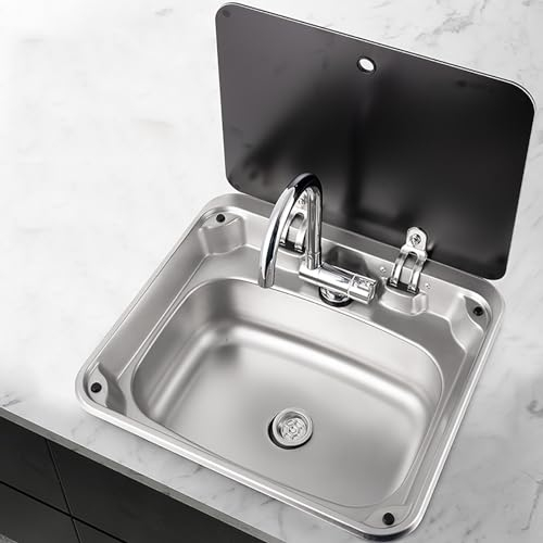 Lavandino Camper, Lavello In Acciaio Inox, Kit Lavello per Camper, Lavello+copertura In Vetro Temperato+rubinetto Caldo e Freddo+scarico