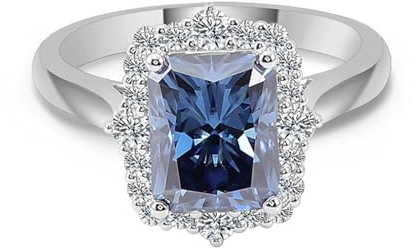 Promise Ring Men, Damen Ring Blau 18K Weißgold Größe 62 (19.7) 2 Moissanit 2Ct Rechteckschliff Personalisiert Für Neujahr
