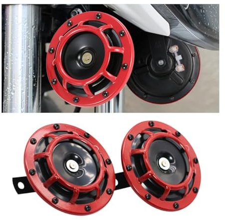 CGEAMDY 2 Stück 12v Autohupe Bausatz, Motorradhupe Hoch- Und Tiefton Mit Bügellautsprecher, Autohupe Superlaut Hoch- Und Tiefton Metall Zwillingshupe Kit(Rot)
