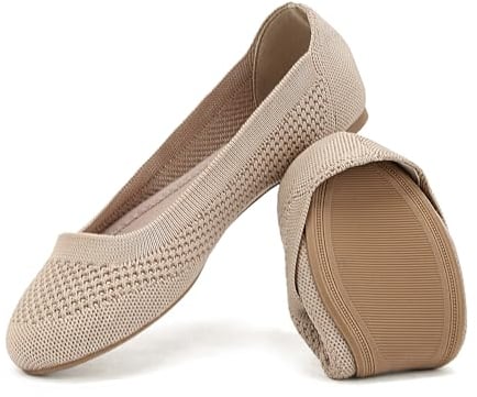 Jifenkla Ballerinas Damen Flache Atmungsaktive Schuhe Knit Kleid Runde Zehe Loafer Slip On Walking Ballerina Sommerschuhe Niedriger Weich, Beige, EU 38.5