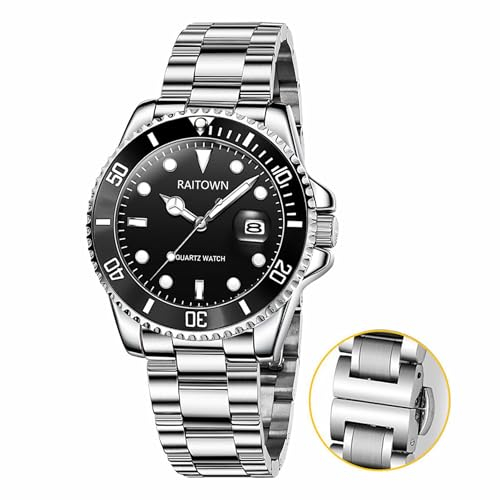 Raitown Herren Uhr Edelstahl Japan Quarzwerk Wasserdicht Leuchtzeiger 42mm Großes Zifferblatt Mode Business Klassisches Uhren Man Schwarz