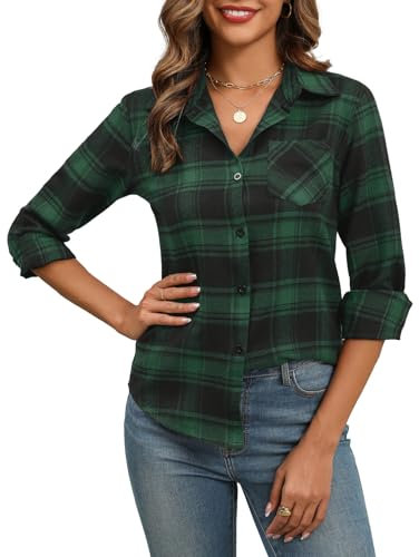 Zeagoo Chemisier Femme a Carreaux Manche Longue Chemisie Chic Élégant Blouses Tunique Col en V Chemisiers Bouton Down Haut Classique Décontractée Shirt Hiver Automne Vert Noir L