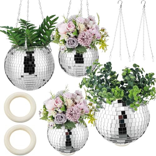 Romooa 4 Pcs 6/8 Disco Ball Planter Hanging Disco Ball Plant Hanger with Chain Hook and Ring Stand, Mirror Flower Pot for Indoor and Outdoor Plants 70s 80s Party Room Decorations, Sliver