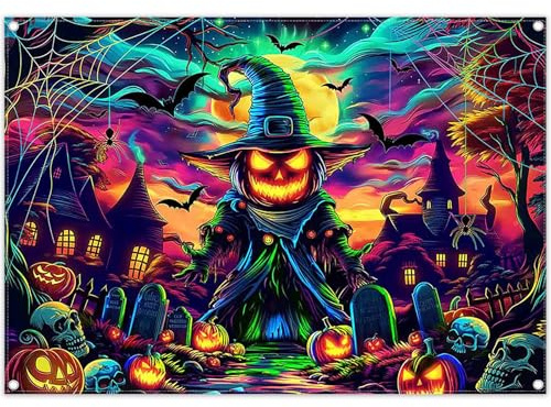 Luminora 7x5ft Halloween Magic Fluorescence Pumpkin Grand Wizard Backdrop | Polyester Fabric, Moon Haunted House Skeleton Pattern, Kids Family Party Supplies, Banner Decorations, Outdoor Photo Booth