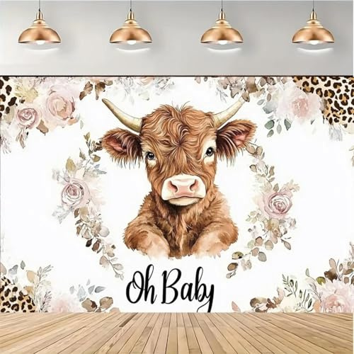 Rosa Stil floral Highland Cow Dusche Hintergrund - Motto-Party-Banner, Leopardenmuster und Rosen 210X150cm