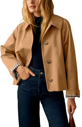Dqbeng Womens Short Trench Jacket Plaid Lining Button Front Lightweight Classic Casual Outerwear with Pockets (Camel-Small)