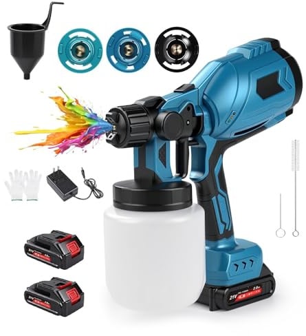 Uadme Verniciatore a Spruzzo a Batteria, 500W 36000PRM HVLP Pistola per Verniciare Elettrica con 1000ML Contenitore, Pistola Vernice a Spruzzo con 21V 2000mAh*2 Batterie, 3 Ugelli & 3 Modalità