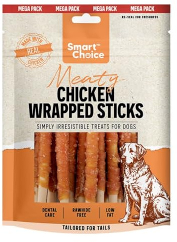 Chicken Wrapped Stick Dog Treats Made with Real Chicken, Low Fat Chewy Training Rewards with Dental Support, Easy Digest Snacks in Resealable 250g Pouch for Dogs - Mega Pack