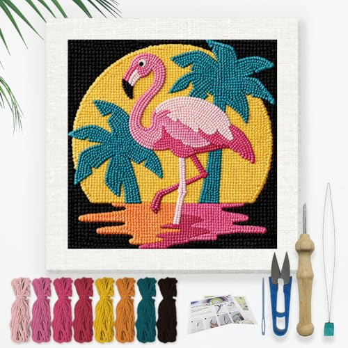 DOODLREAM Pink Flamingo Punch Needle Kit for Beginner, 24x24cm Palm Tree Punch Stitching Craft Set, DIY Embroidery Starter with Printed Frame, Instruction, Threader, Yarn, Pinch Needle