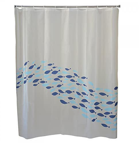 Cortina de Baño Original, de Color Blanco con toques Azules, de 180cm X 180cm. Diseño de Peces, con Estilo Marino - Hogar y Más