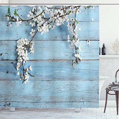 ABAKUHAUS Rustikal Duschvorhang, Frühlings-Blumen-Niederlassungen, Stoffliches Gewebe Badezimmerdekorationsset mit Haken, 175 x 180 cm, Weiß Blassblau