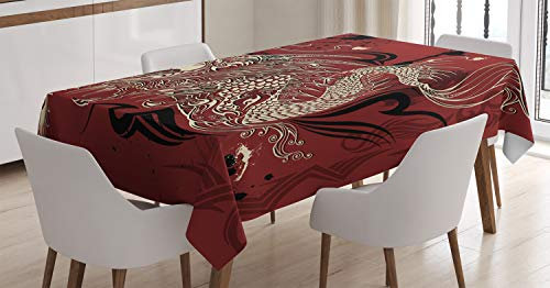 ABAKUHAUS orientalisch Tischdecke, Japanisches Drachen-Gekritzel, Für den Inn und Outdoor Bereich geeignet Waschbar Druck Klar Kein Verblassen, 140 x 240 cm, Elfenbein Rubin