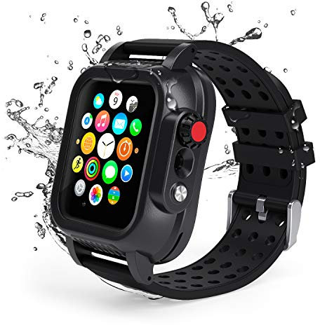 Lanhiem Waterproof Case for Apple Watch Series 5 / Series 4 Rugged Cases with Strap 44mm, IP68 Waterproof Snowproof Dustproof Shockproof Lightweight Cover for iWatch Series 5 / Series 4 44mm(Black)