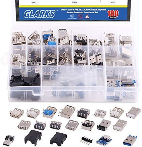 Glarks Lot de 180 micro prises USB 2.0 3.0 de type A mâle femelle Connecteur Jack à souder Adaptateur de remplacement